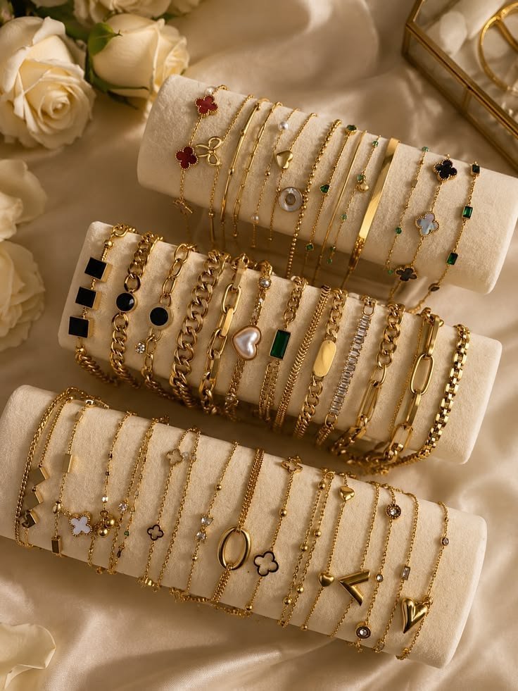 Gold charm bracelet stacks on cream rolls beside white roses