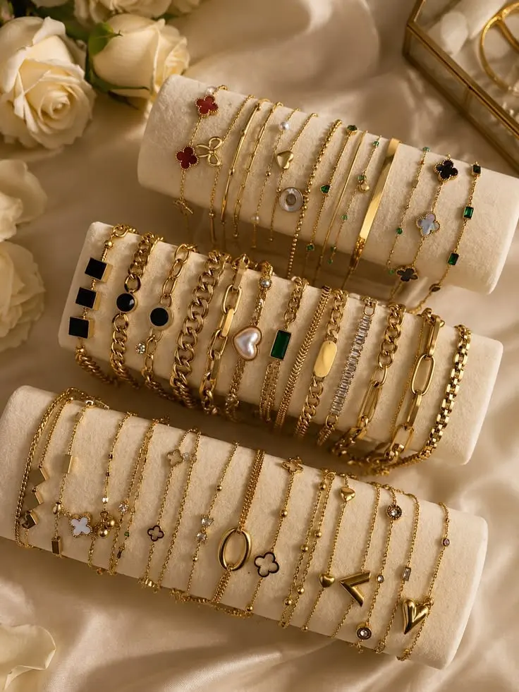 Gold charm bracelet stacks on cream rolls beside white roses