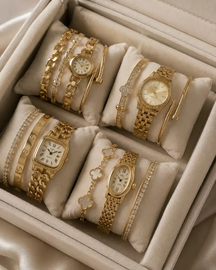 Gold watch and bracelet sets displayed in a cream jewellery box